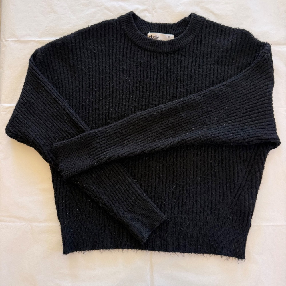Elodie Ribbed Knit Sweater Womens Small Black Good Crew Neck ELYS2434P